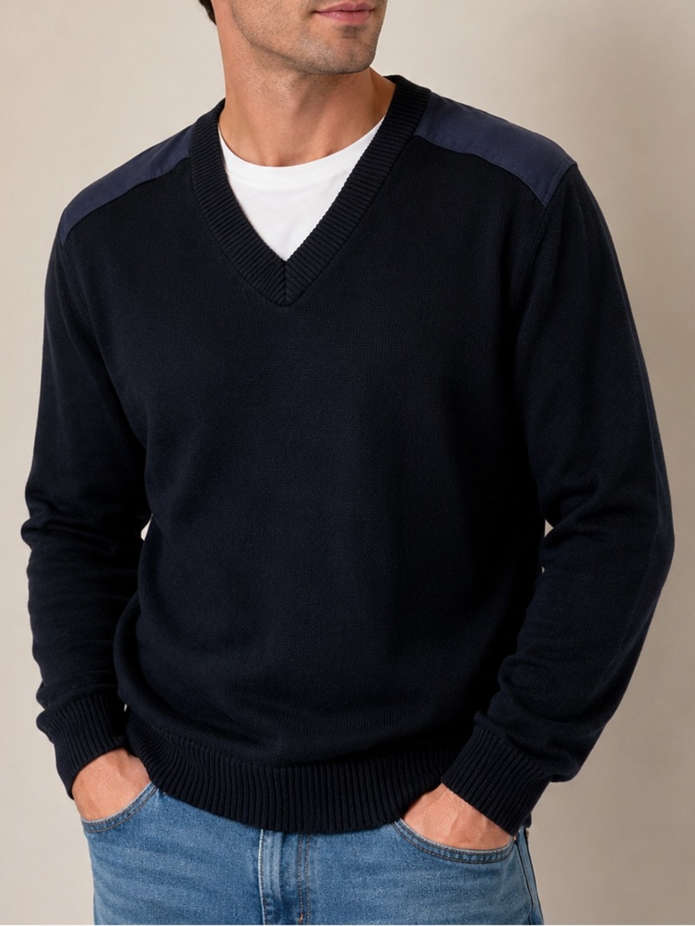 Vintage PSC Navy Blue V-Neck Grandpa Sweater Contrast Panels Men’s L